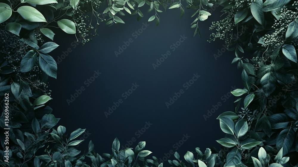 Poster elegant dark green foliage creating a natural frame on deep blue background