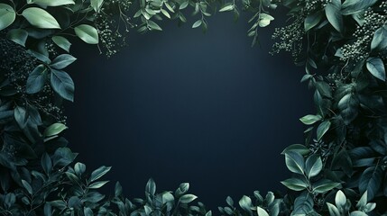 Elegant dark green foliage creating a natural frame on deep blue background