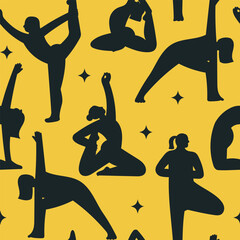 Seamless pattern with women silhouettes doing yoga and pilates poses. Hand drawn vector illustration with yellow background