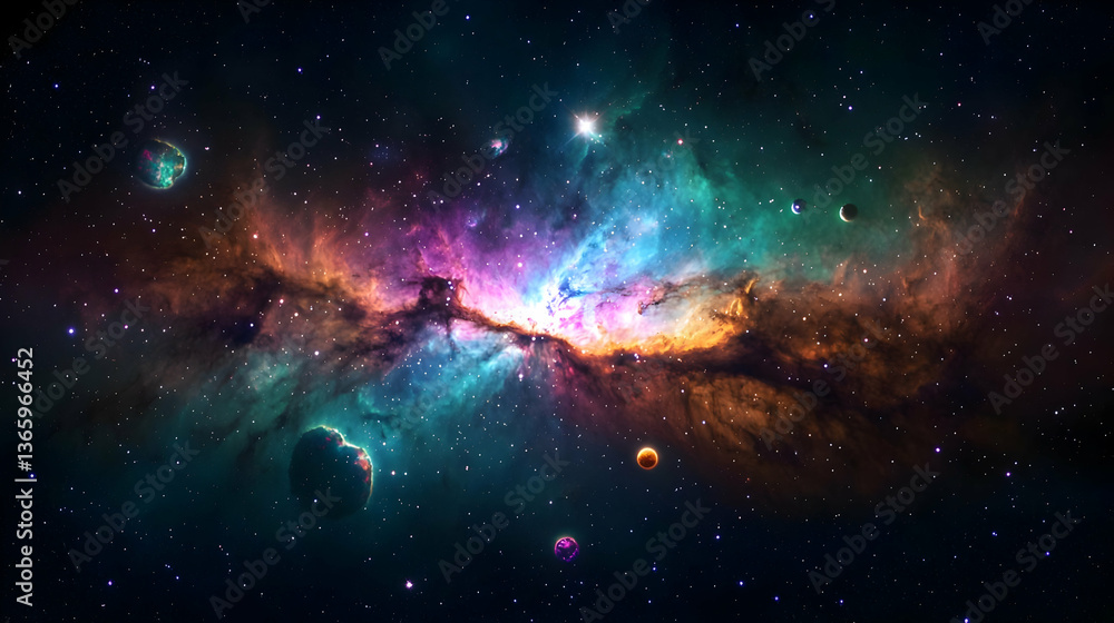 Poster cosmic nebula displaying colorful gas clouds and celestial bodies against dark background