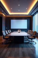 Sleek conference room, empty chairs face large screen , convention, office