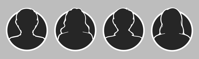 People, man, woman. Avatars profiles of unknown anonymous people. Female and male portraits. Black and white outlined silhouettes. Vector illustration isolated