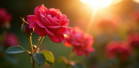 Obraz premium Sunlit rose blooms, low angle, vibrant petals , detail, close-up