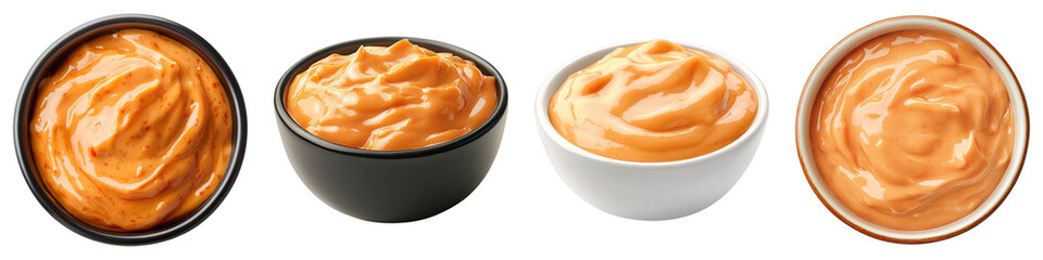 Bowl of sriracha mayo dip sauce isolated on transparent background. PNG ,Set of