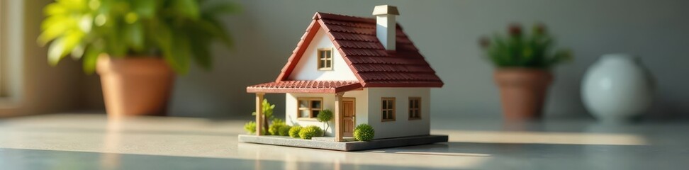 Naklejka premium Close-up of miniature house, blurry moving items surrounding it , packing, miniature model