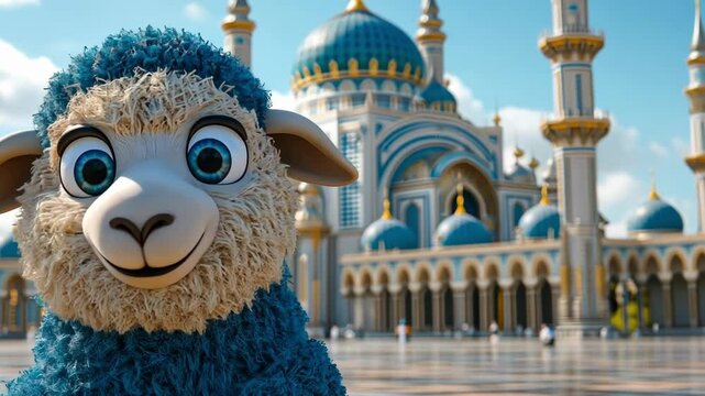 Adorable blue sheep-chenille character in front of grand mosque. Eid al-Adha Mubarak. Kurban Bayram