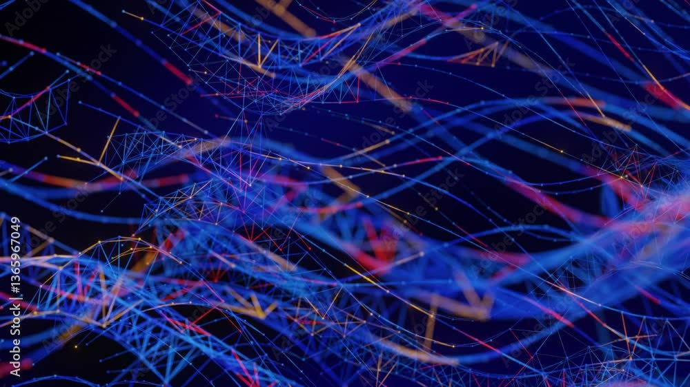 Poster dynamic digital network shows data stream with abstract and wavy lines forming network connections b
