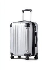 A sleek, silver suitcase with a textured surface and four wheels, designed for easy travel and mobility.