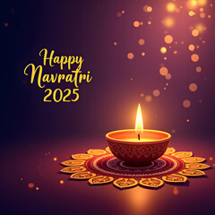 Happy Navratri 2025 Greeting Card with Glowing Diya, Sacred Mandala, and Elegant Golden Text on Maroon Background – Hindu Festival, Spiritual Celebration, Poster, Invitation, and Social Media Banner