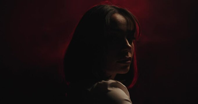 Mysterious woman in the dark with fog. side view close up and red light