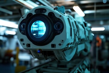 Advanced robotic device with intricate design and illuminated display in an industrial setting