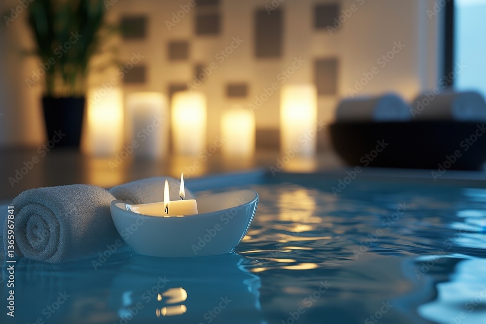 Poster relaxing ambiance with candles and towels in a serene spa setting by a tranquil pool