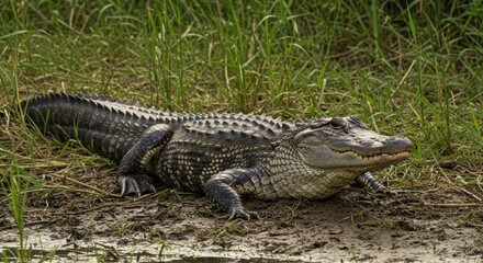 Obraz premium Majestic American Alligator basking in the sun near the water's edge
