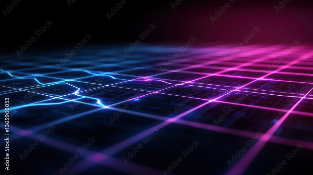 Poster abstract neon grid pattern with vibrant blue and pink lines creating a digital landscape effect