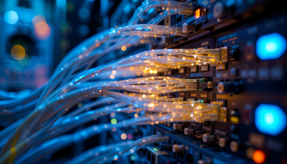 A close-up of a high-tech network switch with fiber optic cables transmitting glowing data streams.

