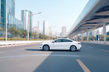 White sedan car driving on city road