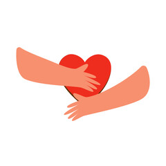 Hands hugging heart. Hands holding heart. Concept of love, compassion, sympathy, kindness. Flat vector illustration.