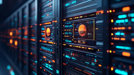 Obraz premium Futuristic Data Center with Digital Displays and Illuminated Panels