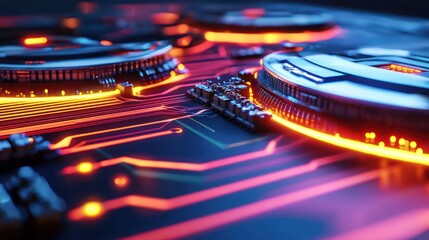 Close-up view of a futuristic circuit board with glowing elements, showcasing technology details