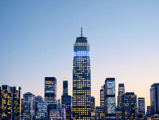 Fototapeta premium City skyline with tall illuminated skyscrapers at dusk, featuring modern architecture and exterior design against a clear sky. Ai generative