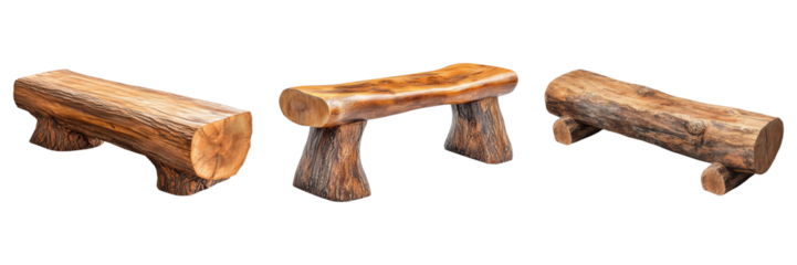Cedar log bench isolated on transparent background. PNG ,Set of