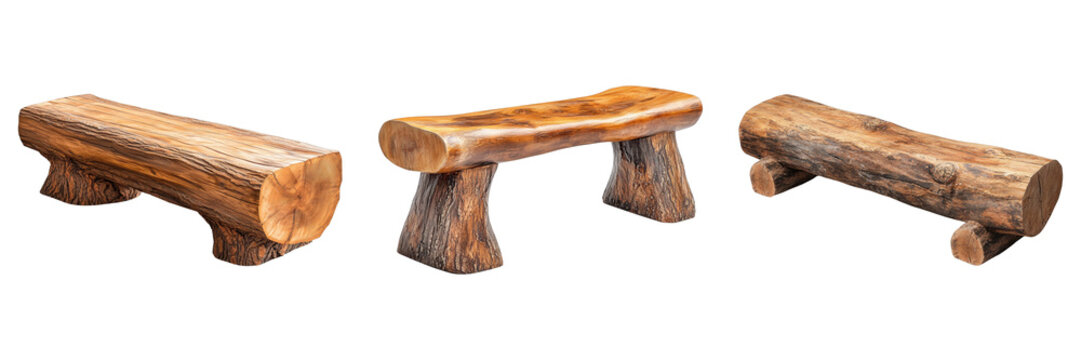 Cedar log bench isolated on transparent background. PNG ,Set of