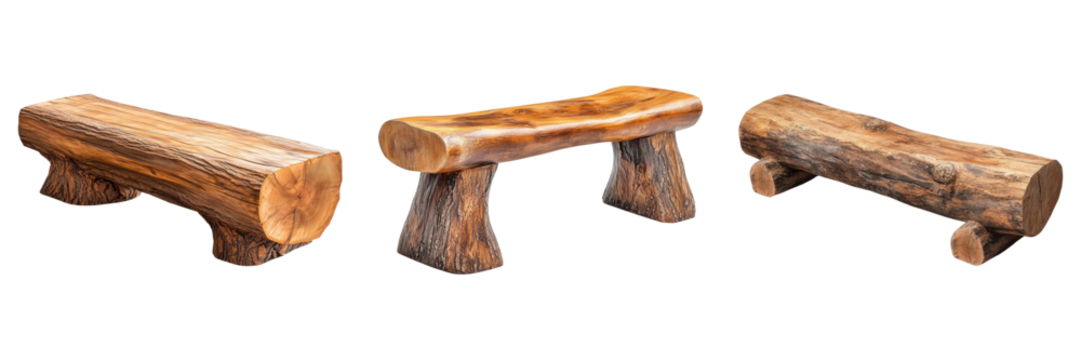 Cedar log bench isolated on transparent background. PNG ,Set of