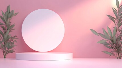 White podium displaying cosmetic products on pink background with plants