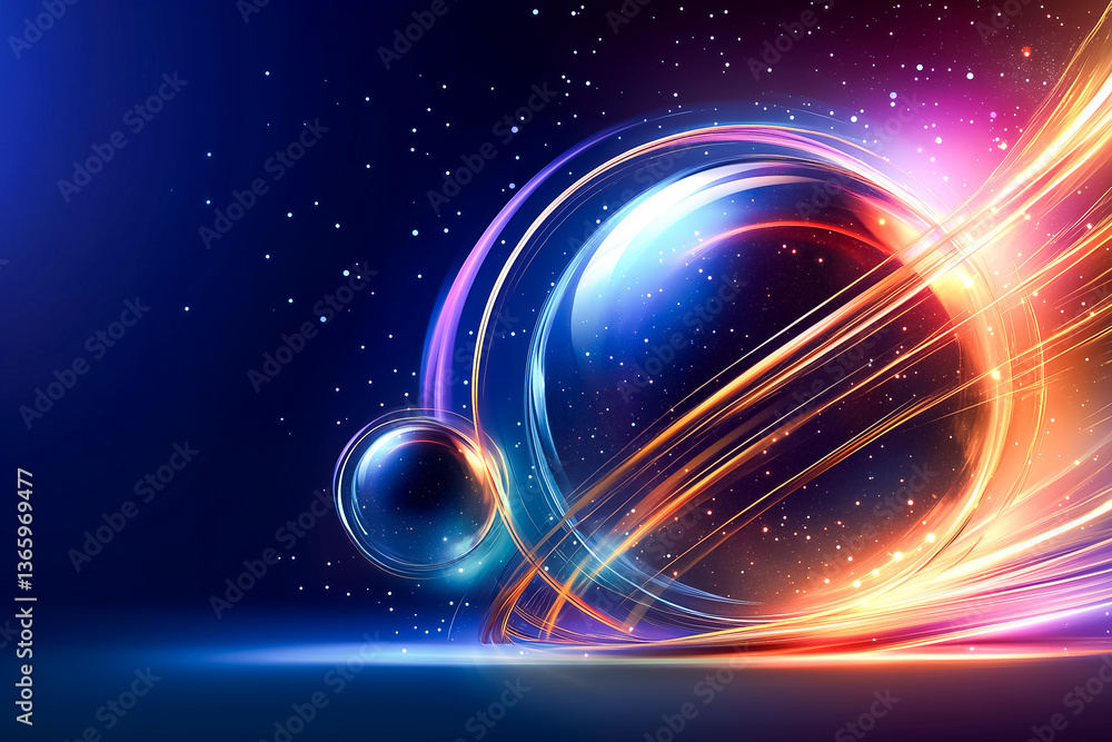 Poster colorful planets with glowing rings floating in deep space. dark cosmic background filled with stars
