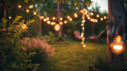 A beautiful decorated garden party table under glowing fairy lights at dusk.