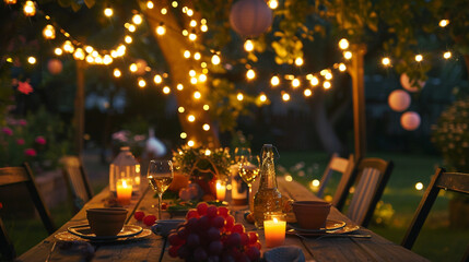 A beautiful decorated garden party table under glowing fairy lights at dusk.