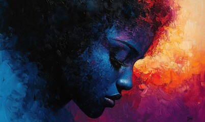 Profile of a woman with vivid colors and textured details in the background