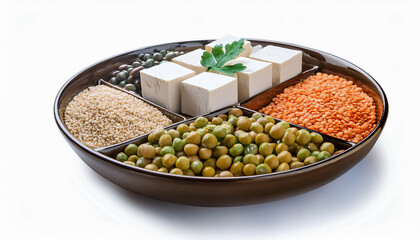 Vibrant plant-based protein sources (tofu, lentils, chickpeas) neatly arranged, isolated on white
