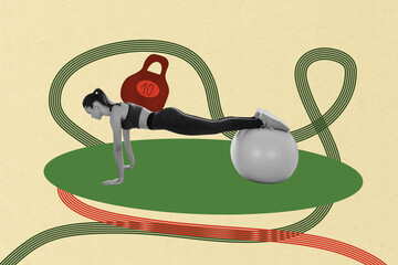 Creative full art collage of serious girl do plank weight dumbbell sport stamina exercises fit ball...