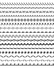 Set of seamless horizontal stripes from abstract elements. Decorative wavy zigzag lines for seamless patterns. Geometric decor element, divider, separator and graphic element. Vector isolated
