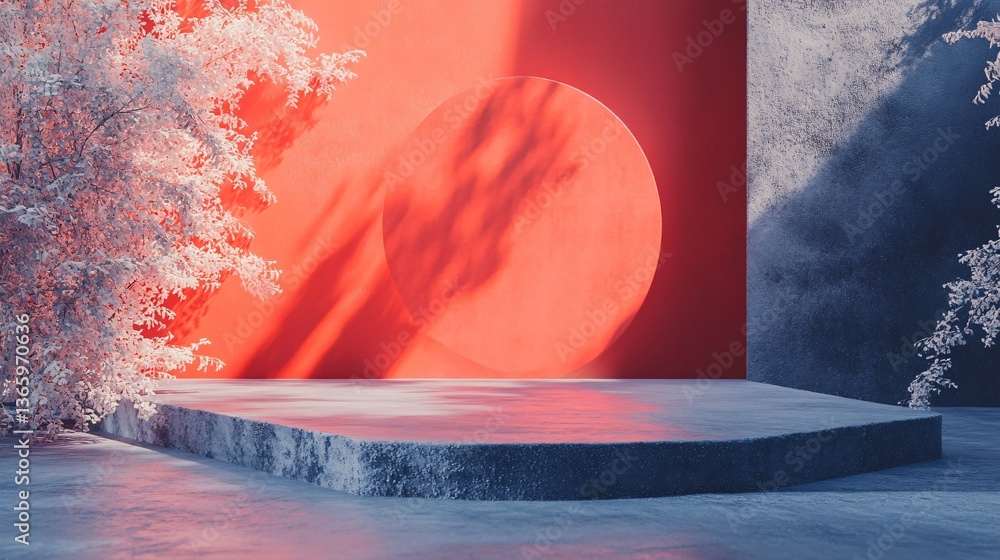 Poster empty concrete podium displaying with white trees and red circle on red and blue concrete wall backg