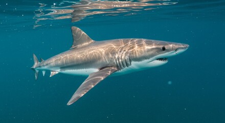 Magnificent great white shark gracefully swimming in the deep blue ocean water
