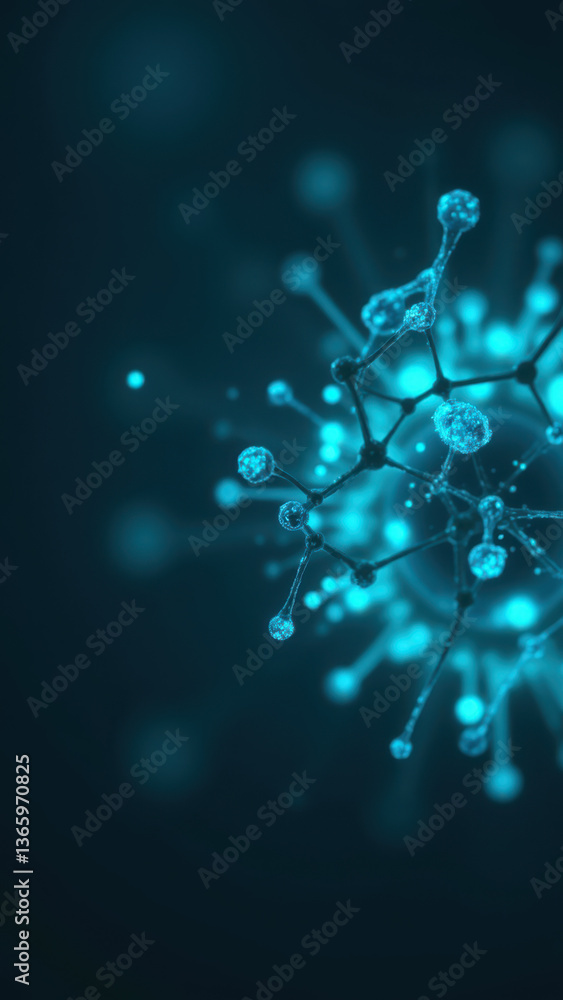 Poster magnesium glycinate molecule with glowing particles against a gradient backdrop.