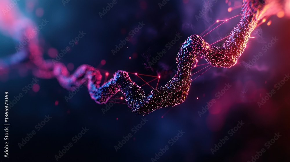 Poster abstract representation of a dna strand illuminated with vibrant colors against a dark background