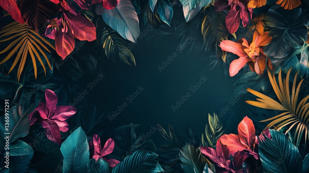 Poster tropical frame border creating copy space with exotic flowers and palm leaves