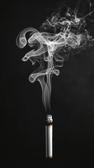 A close-up of a cigarette releasing elegant swirls of smoke against a dark background, highlighting the contrast and texture.