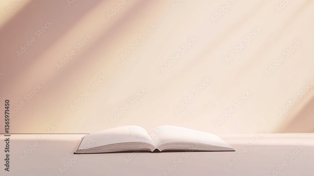 Poster open book lying on table with warm light creating shadows