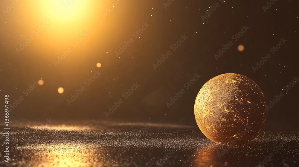 Poster golden planet reflecting sunlight in a dark space with dust particles