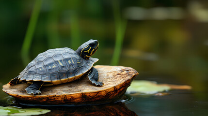 Obraz premium A cute baby turtle sitting on the shell of an old leaf in a pond,