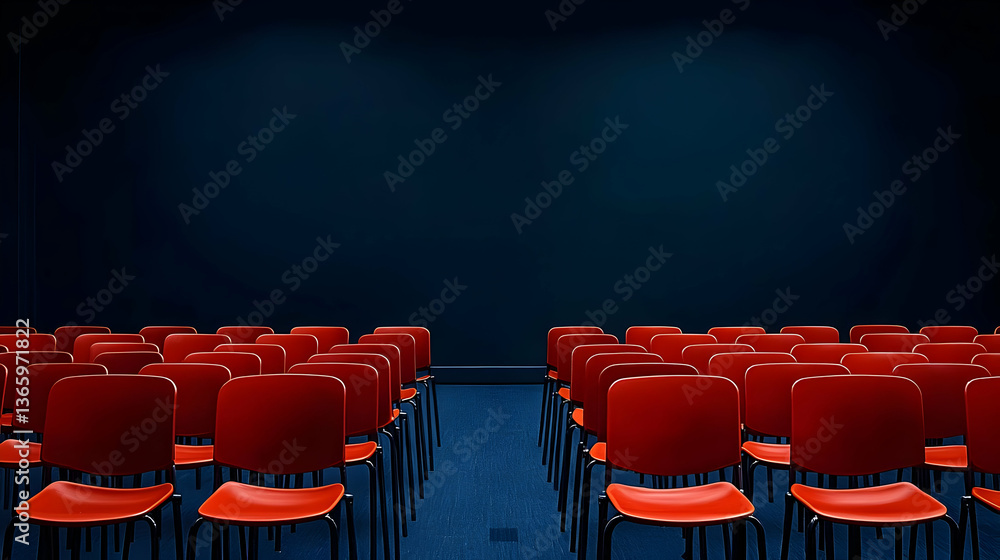Poster empty red chairs arranged in rows facing a dark blue background with spotlights illuminating the sce