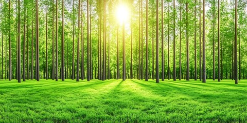 Fototapeta premium Lush green forest landscape with vibrant sunlight shining through the trees