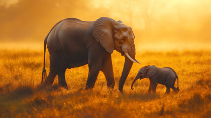 Fototapeta premium A majestic elephant and its calf walk together under the sunset,