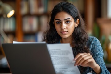 Serious Indian student working on research paper in library, reading essay, document. Focused young business woman reading investment agreement terms at laptop, financial reviewing reports