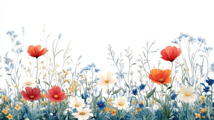 Colorful wildflowers in a meadow, horizontal.  Possible use greeting card, wallpaper