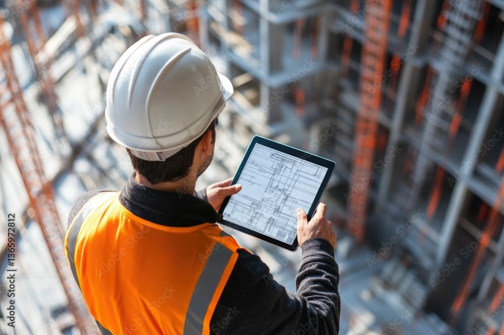 Aufkleber civil engineer or architect with hardhat on construction site checking schedule on tablet computer